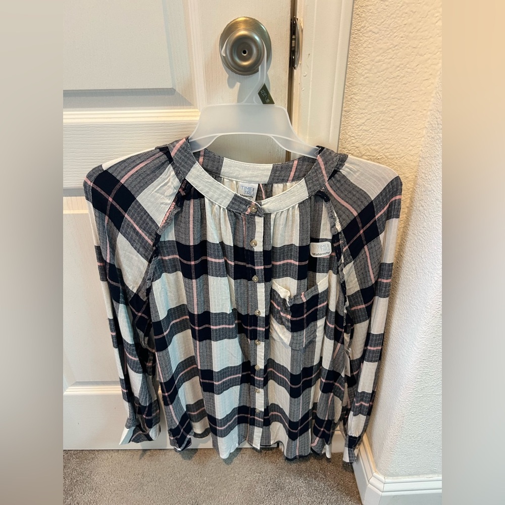Time and Tru Maternity Plaid Shirt - Black, White, Pink